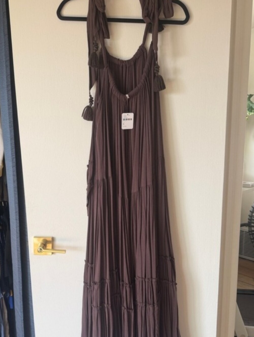 Free People NWT Brown Maxi Dress with Tassel Shoulder Ties - Picture 3 of 8